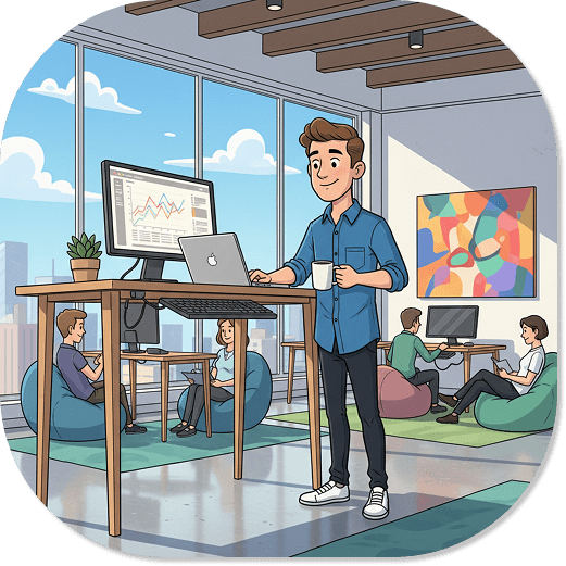 A team of digital marketing professionals collaborating at a modern workspace with vibrant blue and teal background gradients, conveying a sense of creativity and growth. The environment is energetic and focused on building and engaging online communities. Text in the image reads Build Engage Grow.